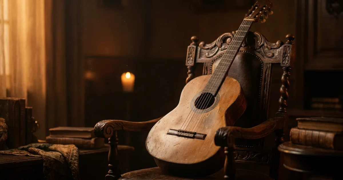 A nylon-string Spanish guitar resting on a carved wooden chair by candlelight, evoking the flamenco chord progression known as the Andalusian cadence