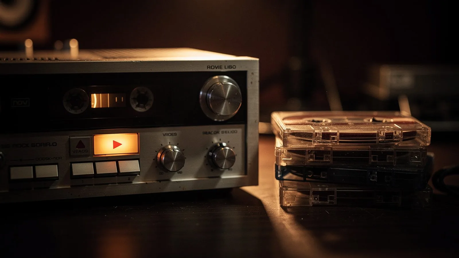 A vintage cassette deck with the play button glowing amber and a stack of clear-shell cassettes beside it, dim warm room — the i–♭VI–♭III–♭VII natural minor loop was the soundtrack of the alt-rock era these tapes captured