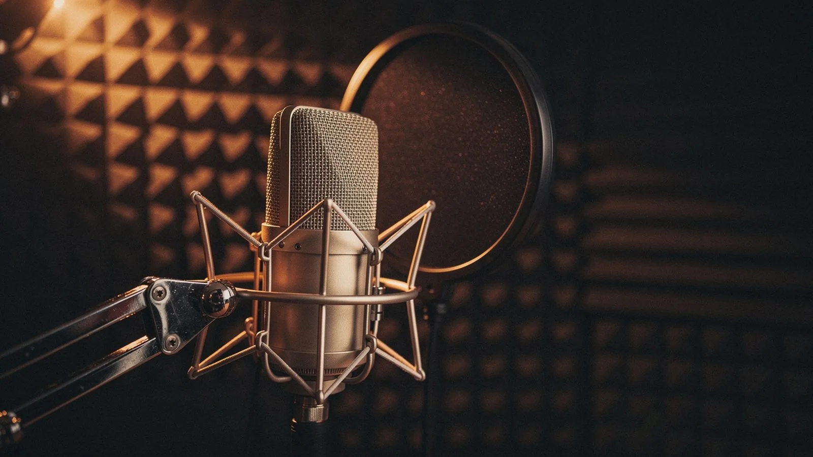 A vintage tube condenser microphone with a circular pop filter inside a foam-paneled vocal recording booth, warm amber light catching the metal grille — the I–V–vi–IV is the harmonic backbone of the pop vocal recordings cut against rigs like this