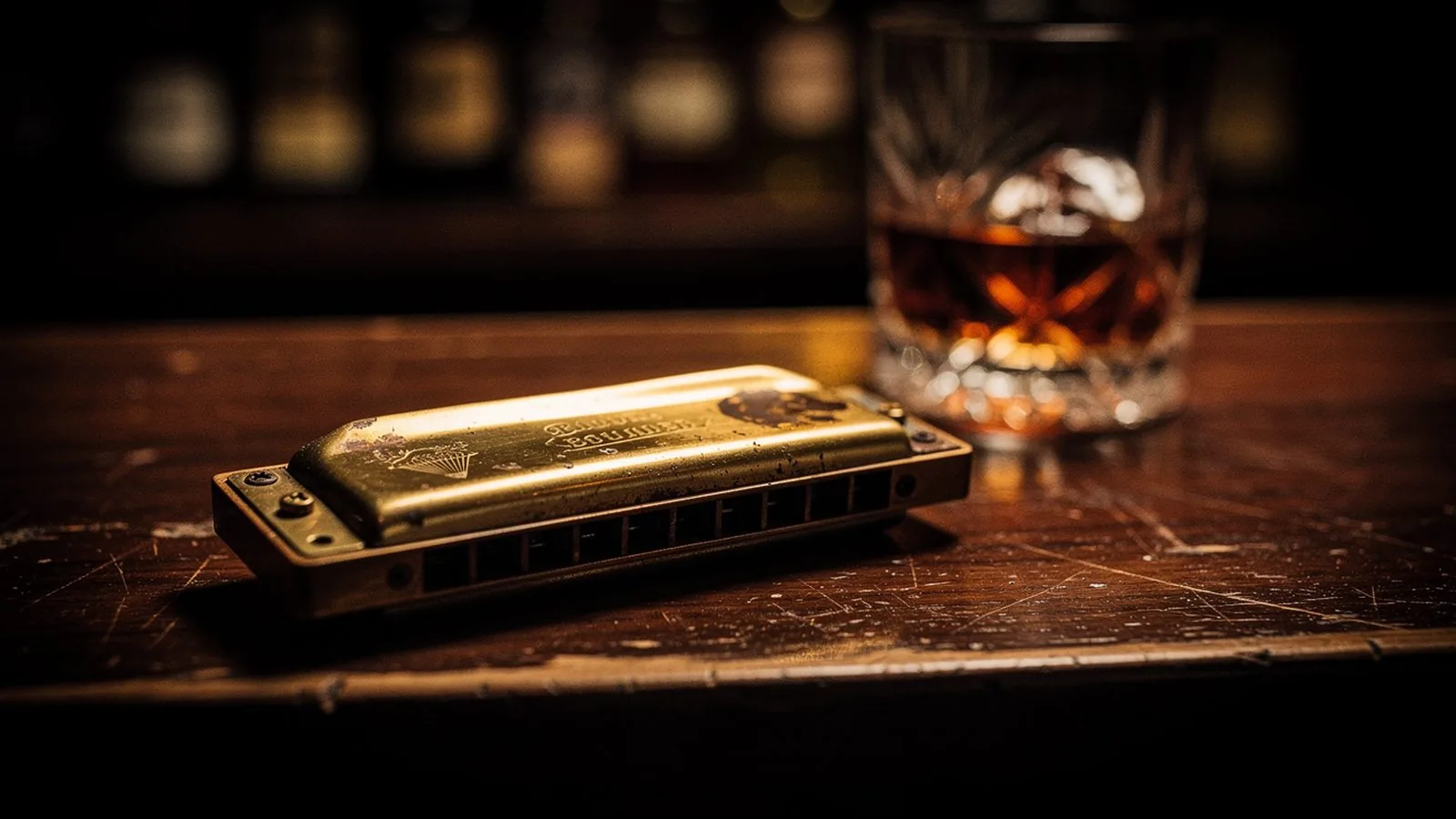 A worn brass blues harmonica resting on a dark bar top with a crystal whiskey tumbler in the background, warm amber side-light catching the brass — over a century of 12-bar blues has run through this exact instrument