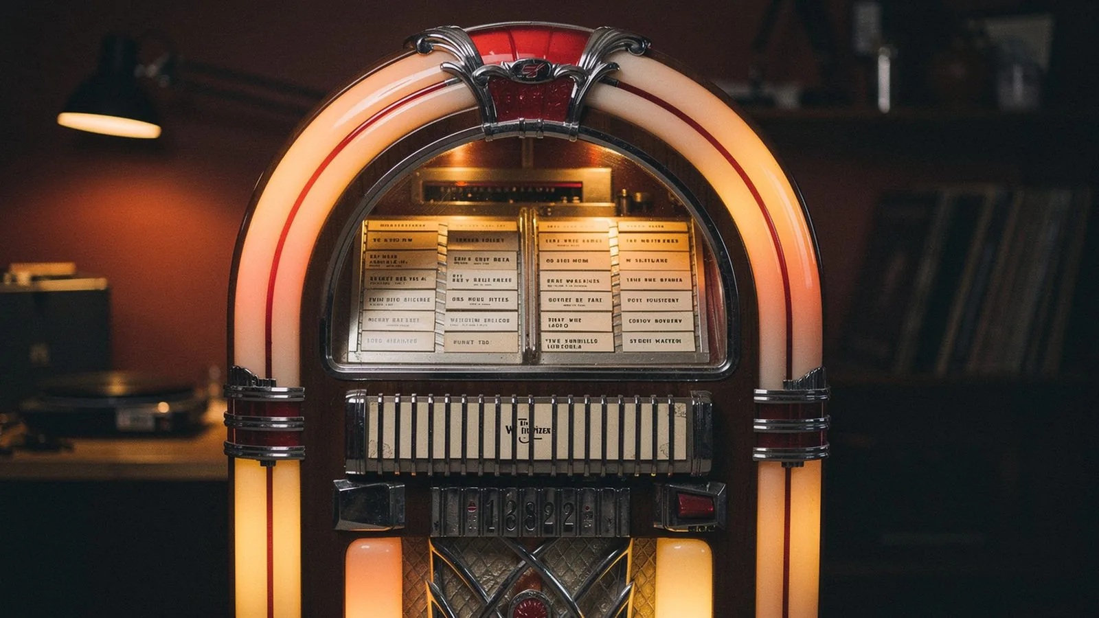 A 1950s Wurlitzer-style jukebox with chrome trim, glowing amber bulbs, and song selection cards visible behind the glass — the I–vi–IV–V doo-wop progression filled jukeboxes like this for two decades