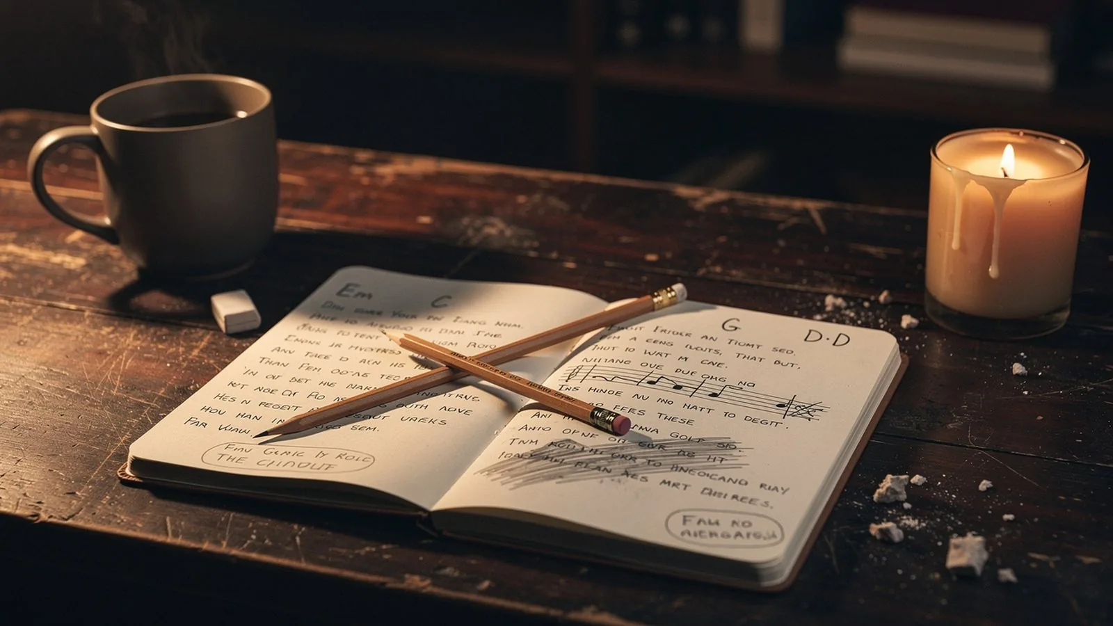An open lyric notebook on a dark wooden desk with handwritten verses, crossed-out lines, and chord symbols pencilled above the words, a candle and a coffee mug at the edge of frame — the vi–IV–I–V is the introspective rotation that singer-songwriters reach for late at night