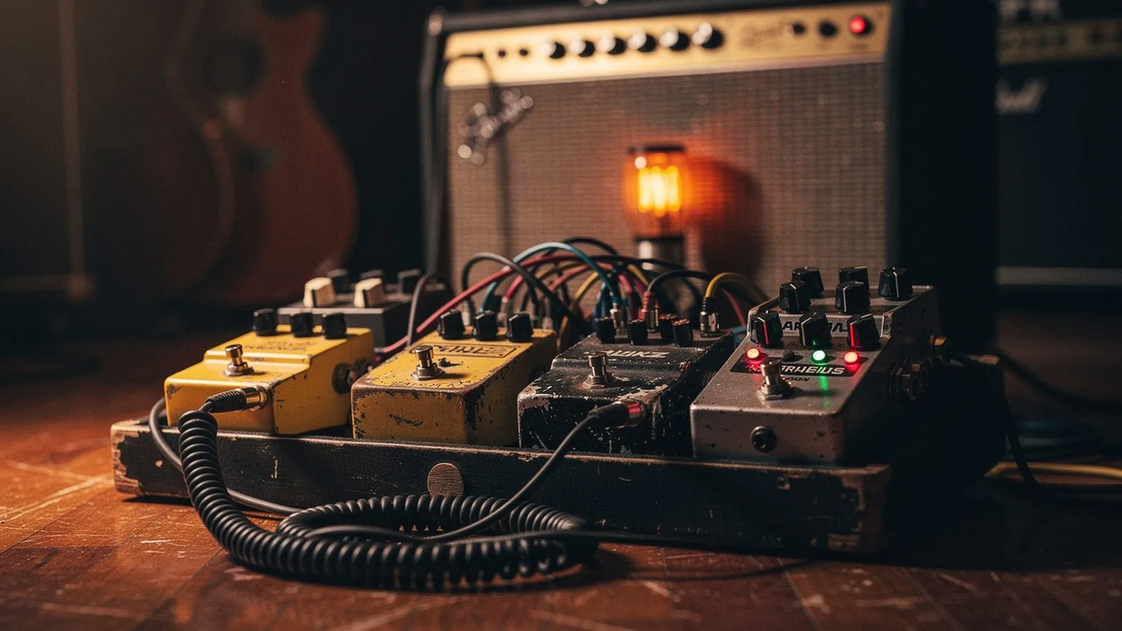 A vintage guitar pedalboard with worn analog stompboxes, tangled patch cables, and a tube amp glowing warm amber behind it — the rig built for the I–♭VII–IV classic rock sound