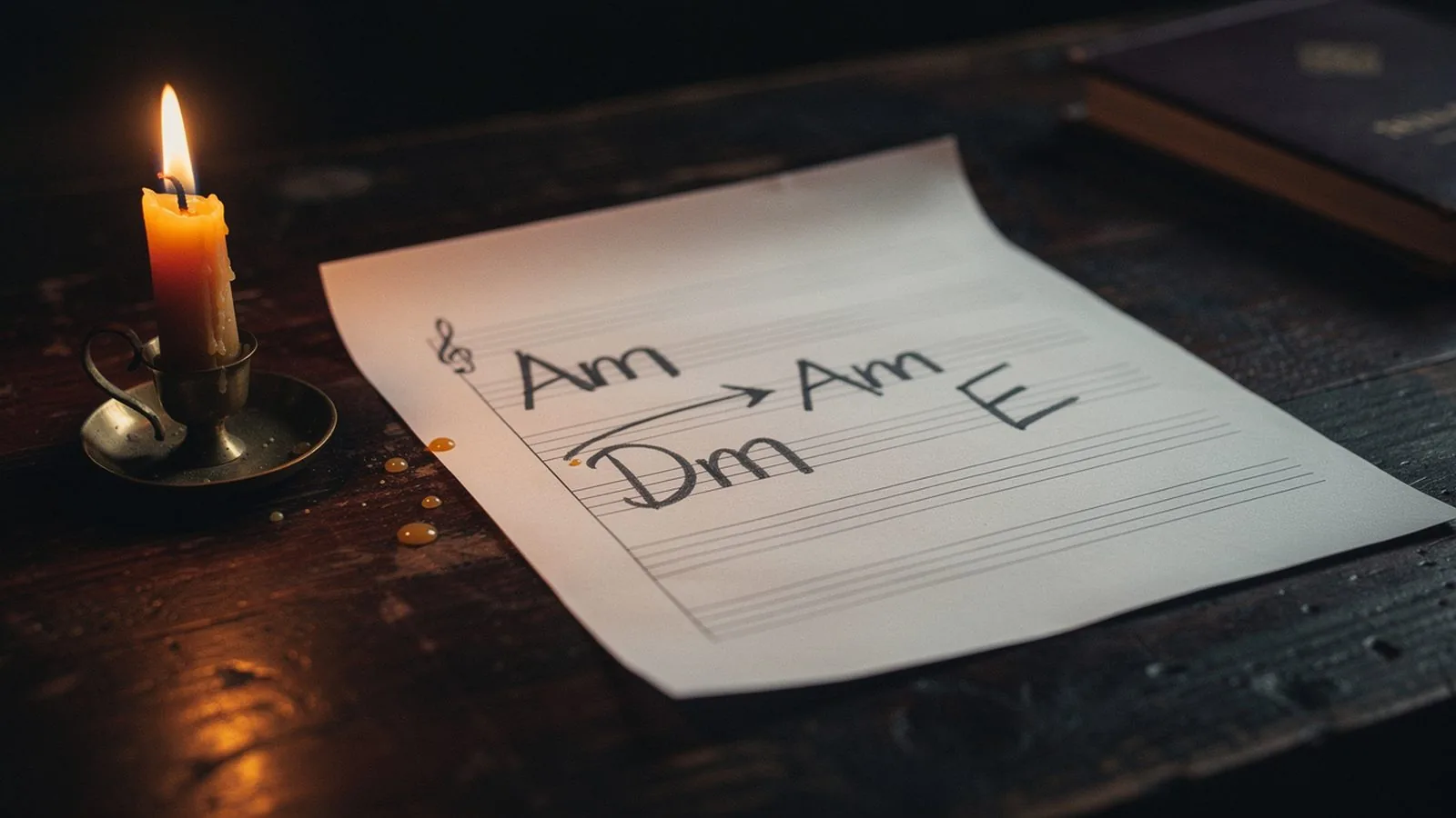 A sheet of staff paper on a dark wooden desk with hand-drawn chord symbols Am → Dm → Am → E lit by a single beeswax candle — the literal i–iv–V harmonic minor progression that powers "House of the Rising Sun"