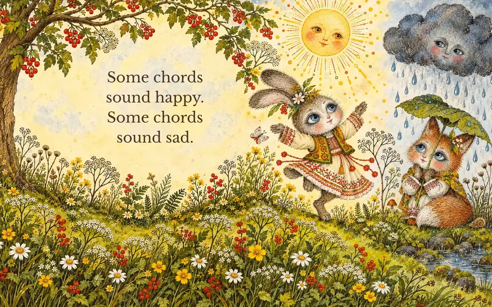 Spread from Music Theory for Babies by Steve Canfield: a rabbit dancing under a smiling sun beside a fox sheltering from a rain cloud, with the words Some chords sound happy. Some chords sound sad.