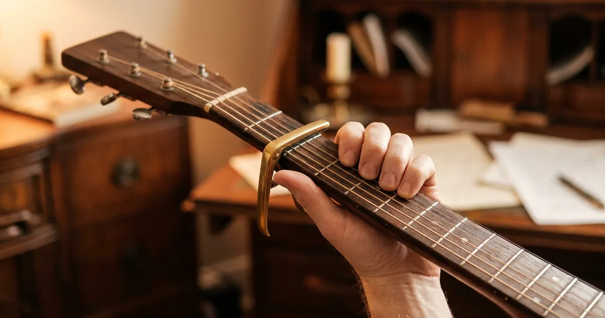 Transposing with a capo: a brass capo clamped across the third fret of an acoustic guitar, so G shapes sound in B flat.
