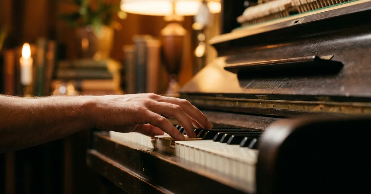 Using the circle of fifths at the piano: a hand playing a chord on a vintage upright keyboard in a warm candlelit room.