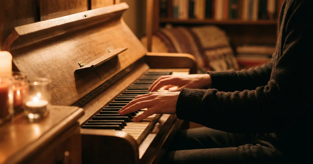 Countermelody writing at the piano: both hands on the lower register, the left hand reaching well below the right, warm amber light across the keys.
