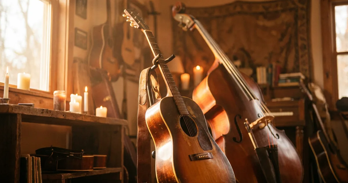 Writing a countermelody: an acoustic guitar standing in front of an upright double bass in a warm candlelit room, two instruments carrying two independent melodic lines.