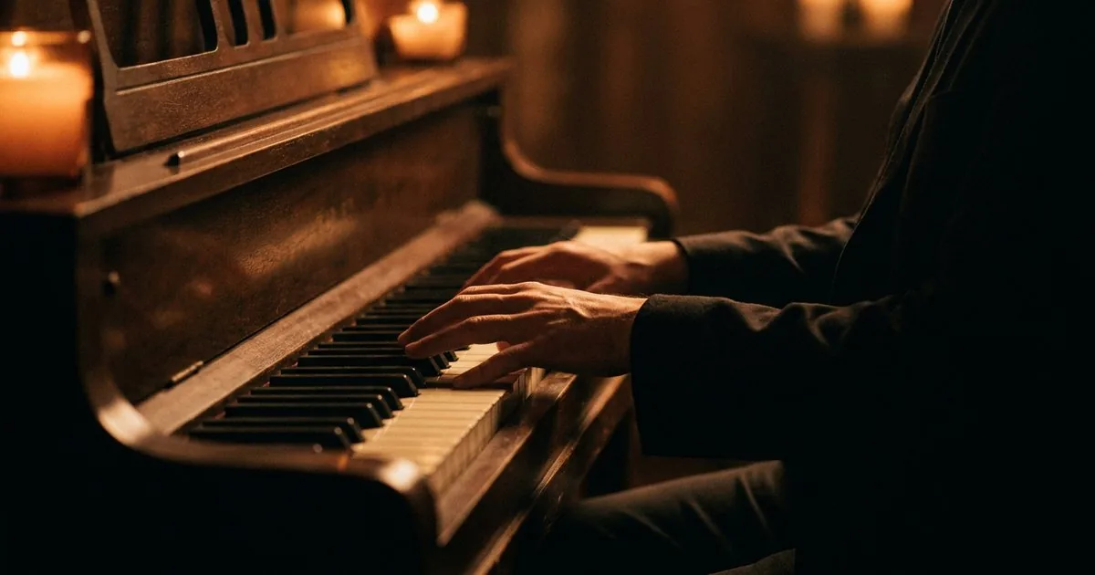 A pianist's hands playing a diminished chord on piano by candlelight, illustrating the equal three-half-step spacing that builds dim and dim7 chords
