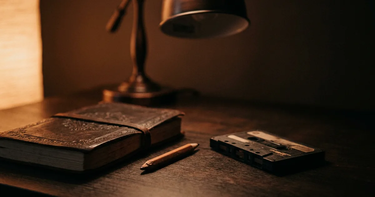 A closed leather notebook, a worn pencil and a vintage cassette tape on a dark desk, the tools for capturing song fragments before they get away