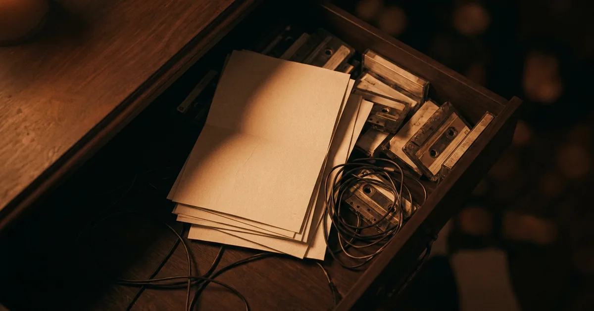 An open desk drawer crowded with loose paper and old cassette tapes, the trash-can folders where a songwriter keeps stalled fragments