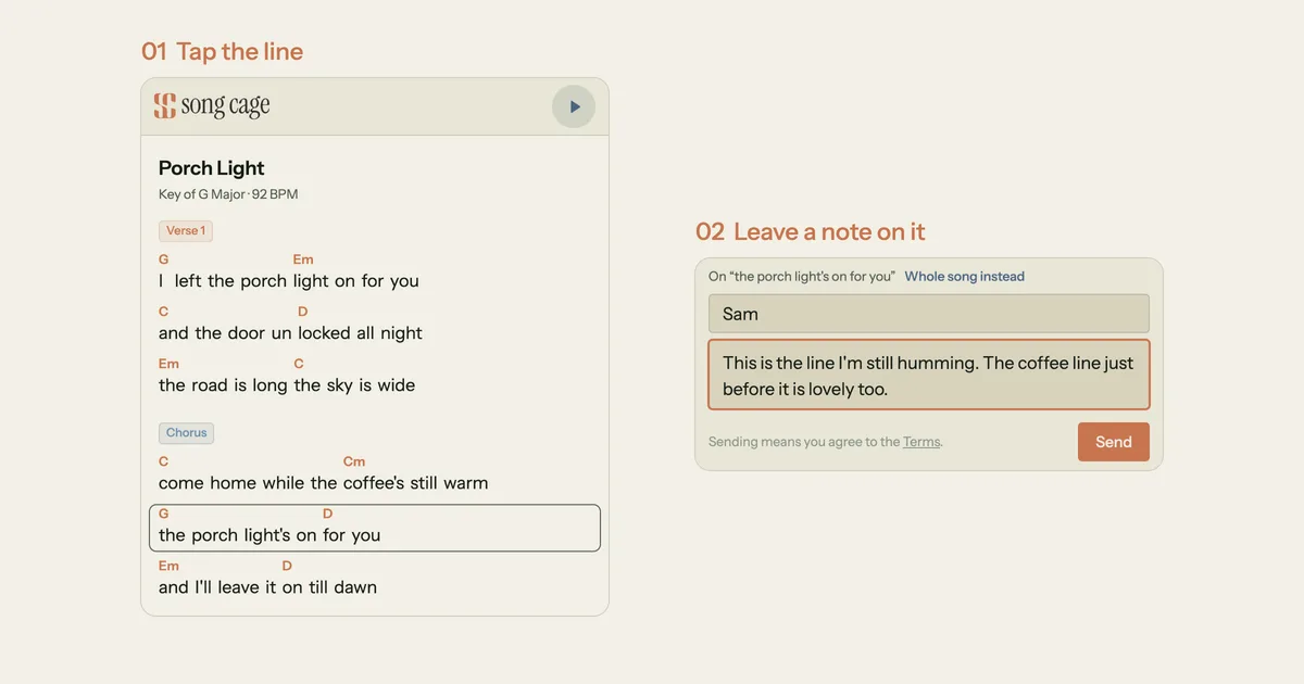 A Song Cage listen link on a phone: the chorus line the porch light's on for you is selected on the chord sheet, and the note box below shows a listener's note about that line, ready to send
