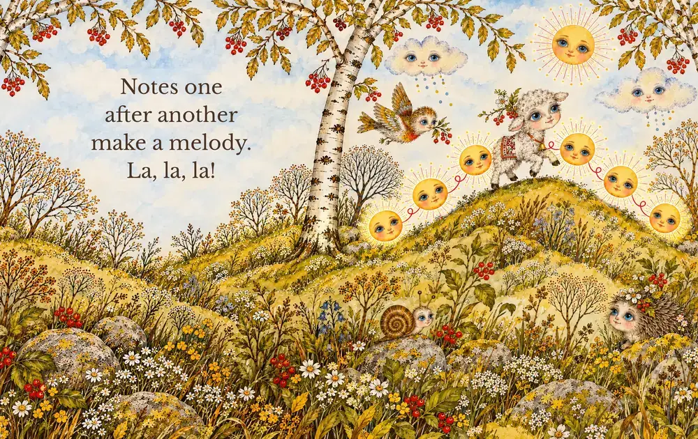Music Theory for Babies spread: a lamb leads a line of smiling suns up a hill, with the words Notes one after another make a melody