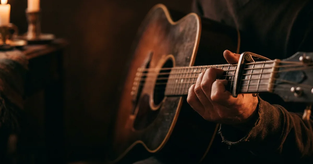 A songwriter moving a capo up the neck of an acoustic guitar to change the key without changing chord shapes, warm candlelit room