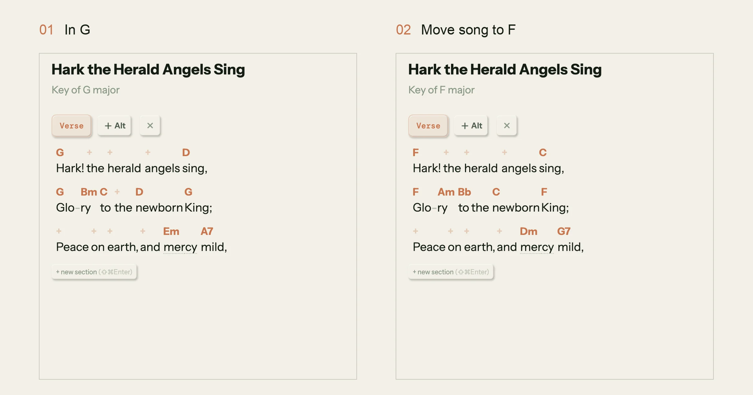 The first three lines of Hark the Herald Angels Sing in Song Cage's Sheet view with chords over the words in G, and the same lines after Move song to F, where G, Bm and A7 become F, Am and G7