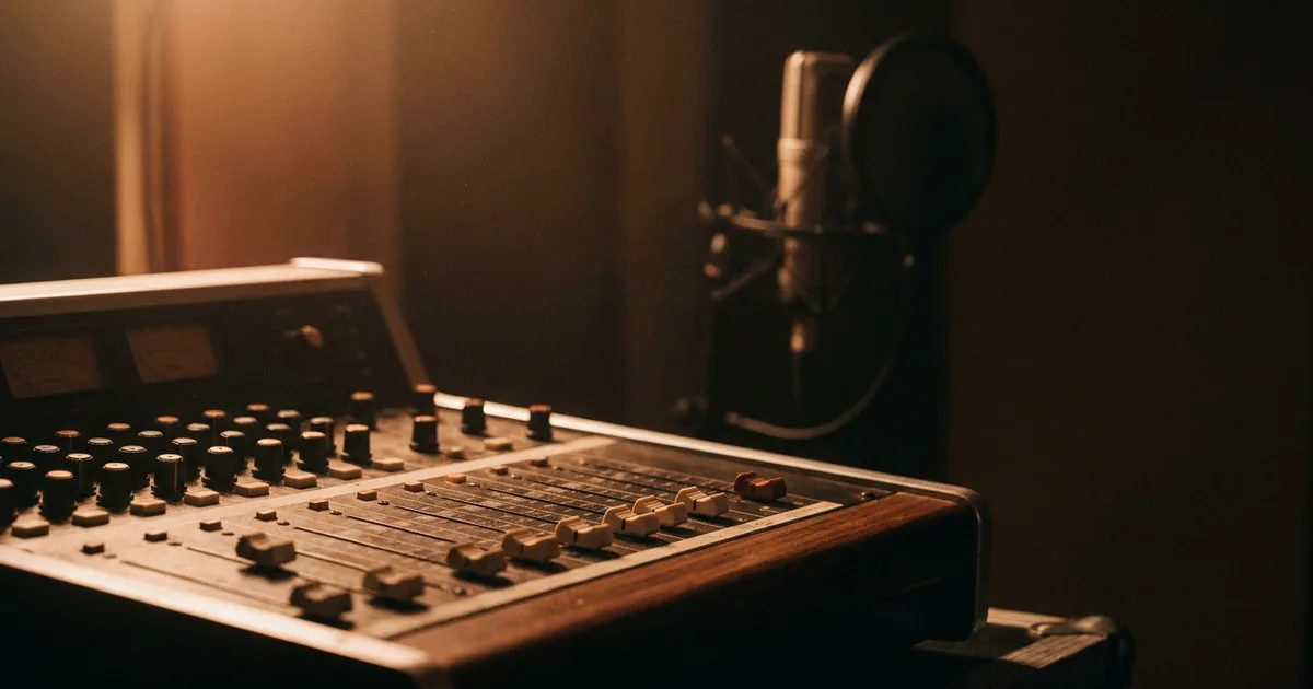A vintage studio mixing console with faders and knobs lit in warm amber light and a condenser microphone behind it, where production hooks are made