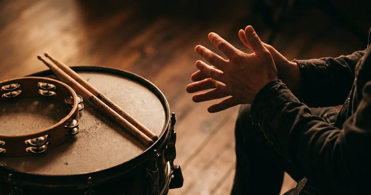 A snare drum, drumsticks, tambourine and a pair of clapping hands in warm light, illustrating a rhythm hook built from a stomp and clap pattern