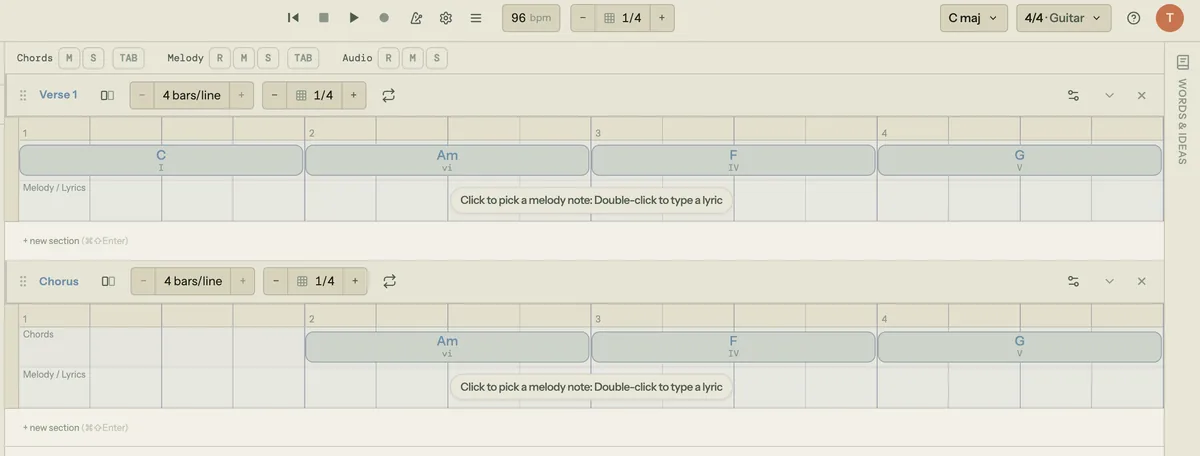 The Song Cage timeline showing a tempo of 96 bpm and a 4/4 time signature in the toolbar, with Verse 1 and Chorus sections each set to 4 bars per line over a numbered beat grid