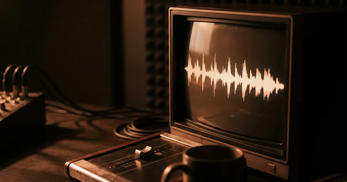 The waveform of a complete song stretched across a studio monitor in a dark room, the visual form of a song's runtime from first bar to last