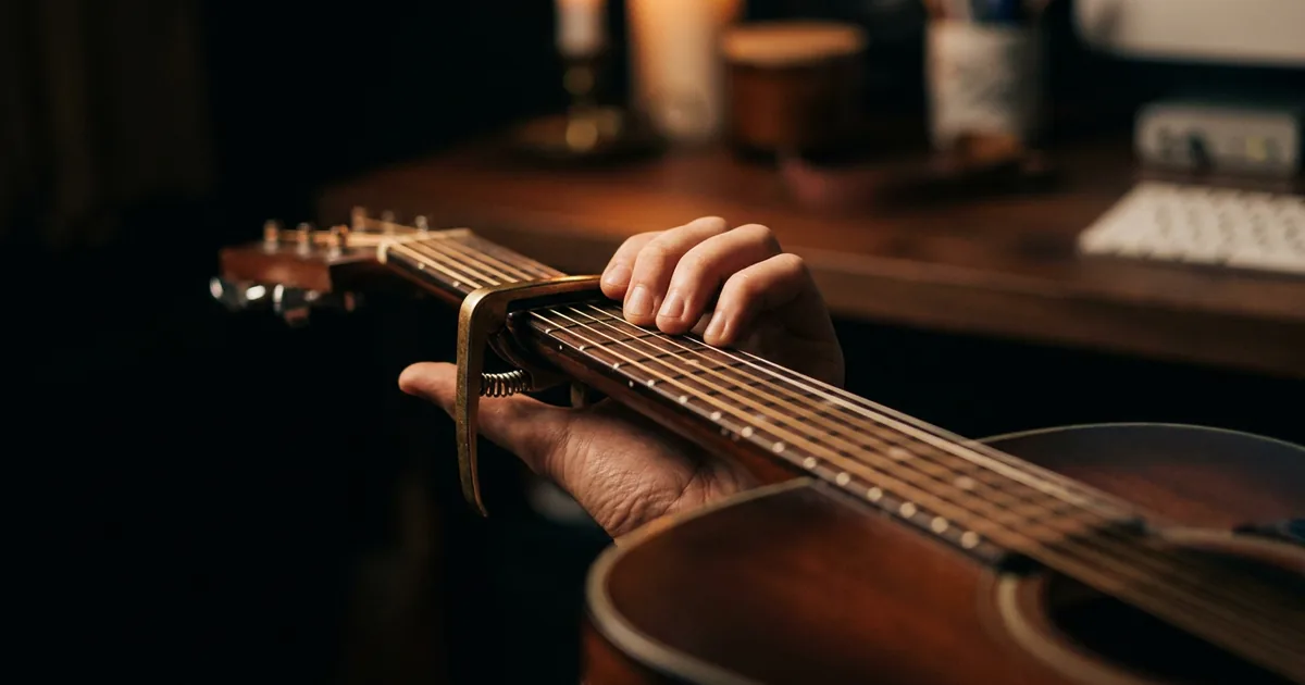A capo clamped on an acoustic guitar neck, the guitarist's hand releasing the spring: a capo transposes a whole song to a new key without changing any chord relationship