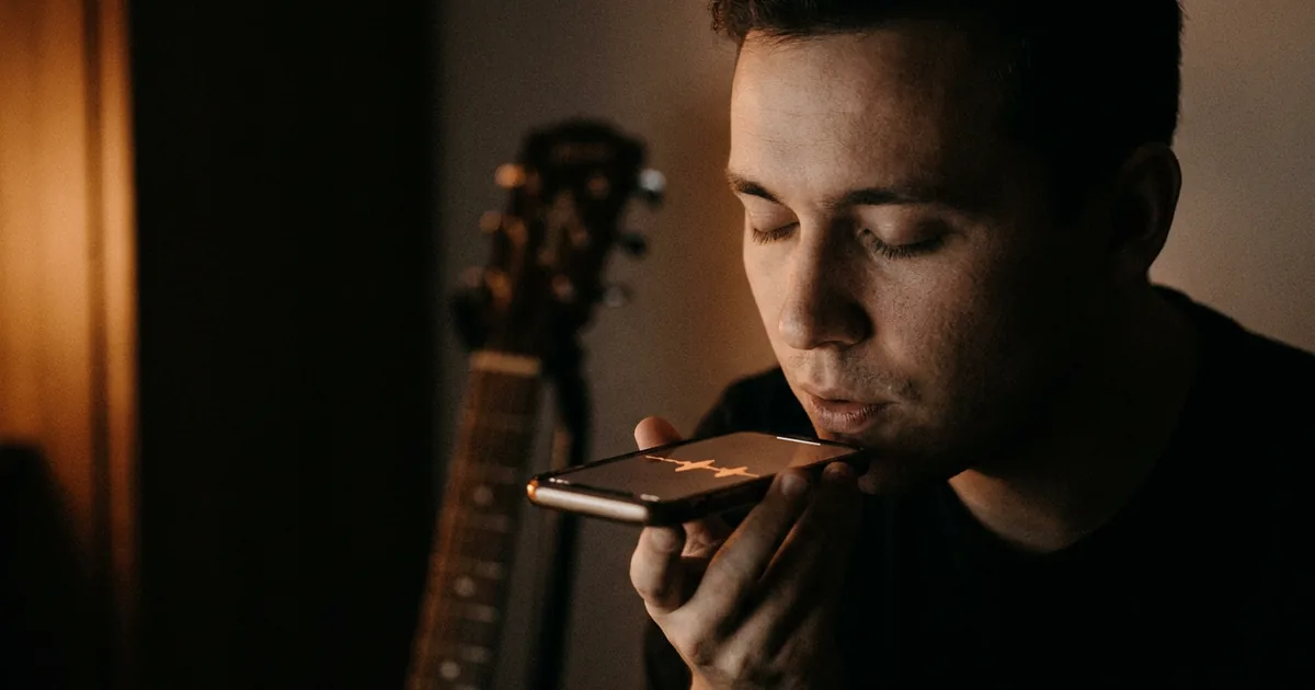 A songwriter humming a melody idea into a phone voice recorder, capturing the tune before it fades
