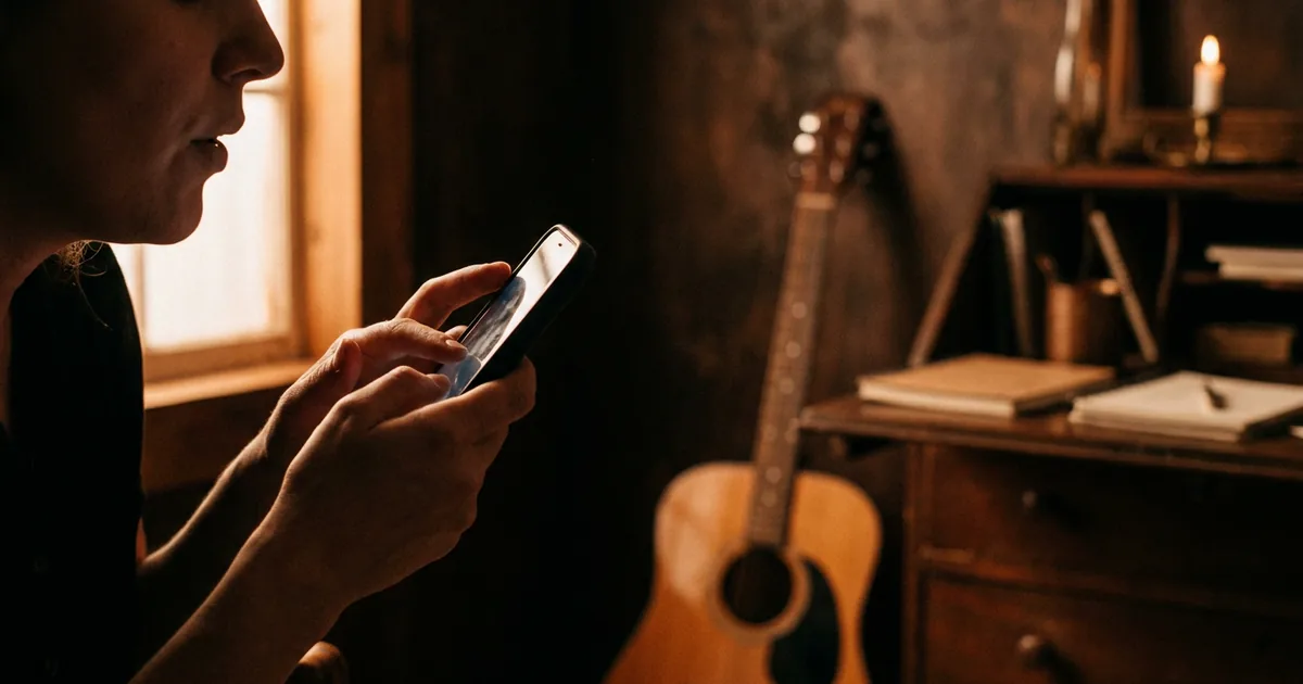 A songwriter humming a melody into a phone to capture it before it's gone, an acoustic guitar in the warm background