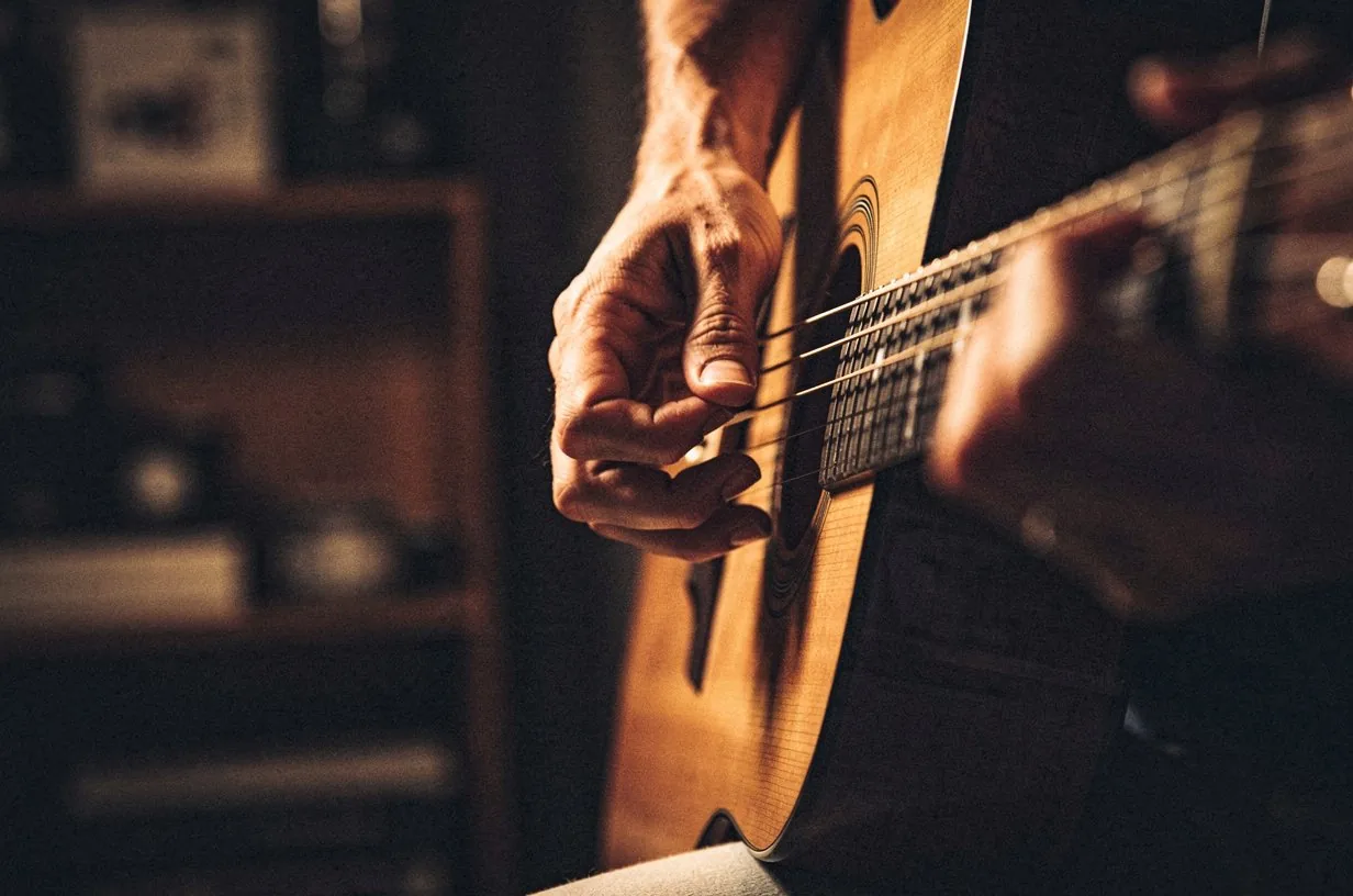Right hand fingerpicking an acoustic guitar near the soundhole, thumb plucking a wound bass string and the index and middle fingers curled to pluck the treble strings, warm amber side-light catching the bronze winding of the bass strings, the spruce top in sharp focus, the rest of the guitar fading into deep umber