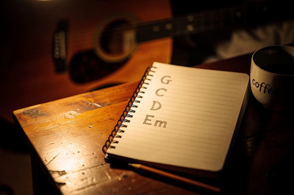 Open spiral notebook on a wooden tabletop with handwritten chord names G, C, D, and Em visible in graphite pencil down the page, an acoustic guitar leaning out of focus behind, warm reading-lamp light from the left, intimate bedroom songwriter workspace