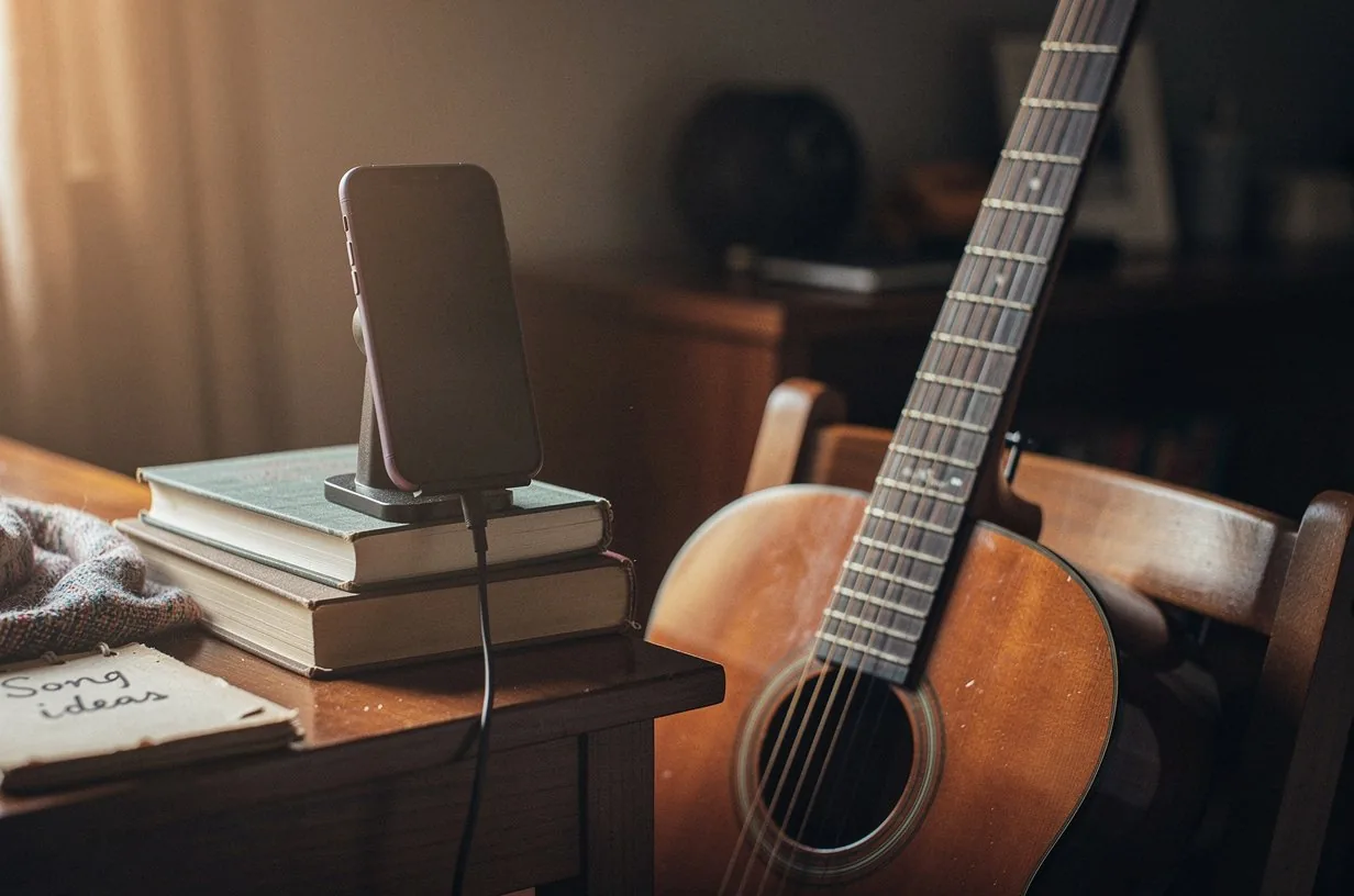 Smartphone propped up vertically on a small stack of paperback books, the phone's microphone pointed toward the 12th fret of a steel-string acoustic guitar resting against a wooden chair, warm bedroom window light from the left, a notebook visible nearby, intimate songwriter capture setup