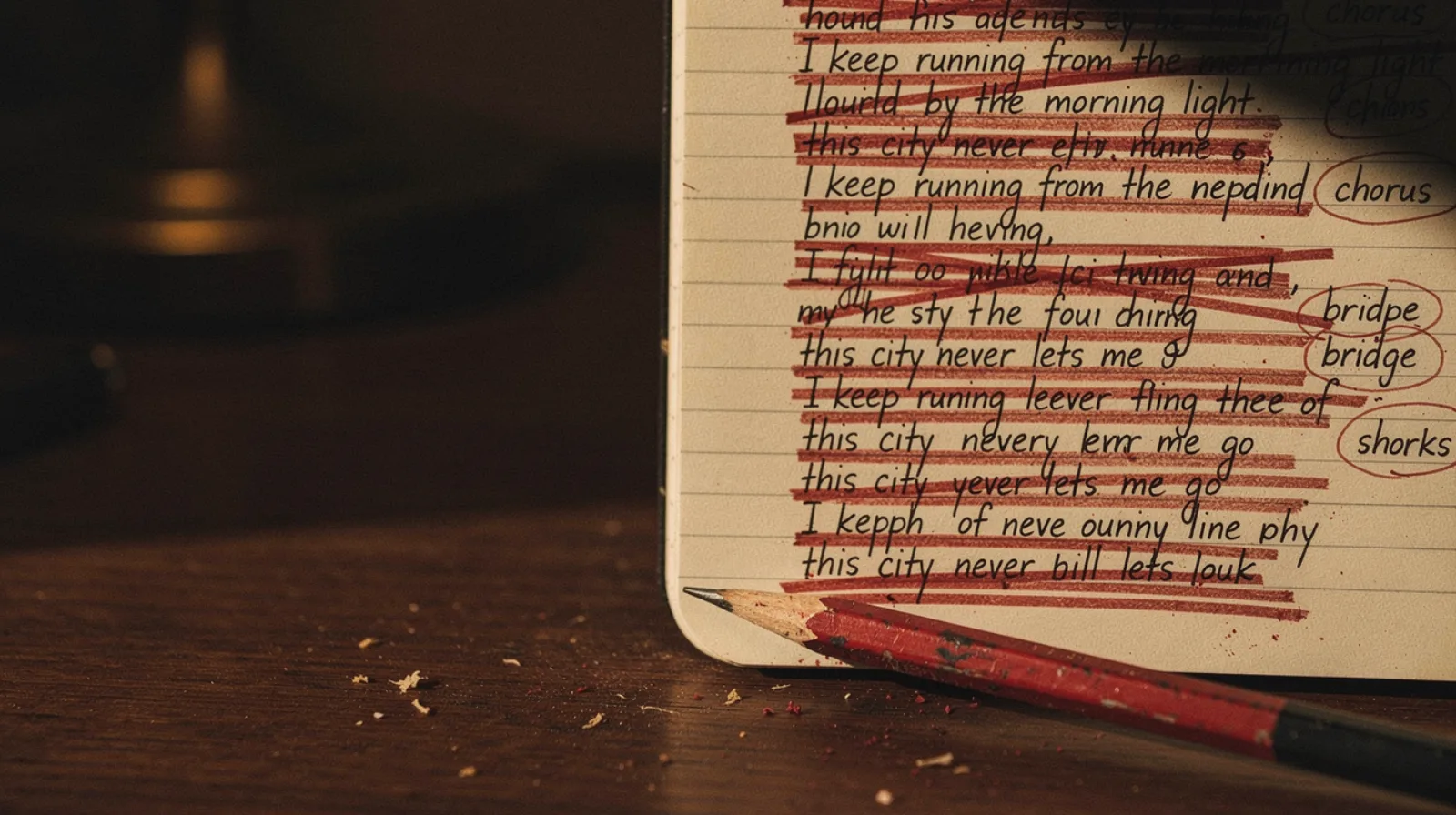 A heavily edited handwritten lyric page with multiple lines crossed out in red ink, replacements squeezed in above each strikeout, a stub of red pencil resting on the page in warm amber lamp light