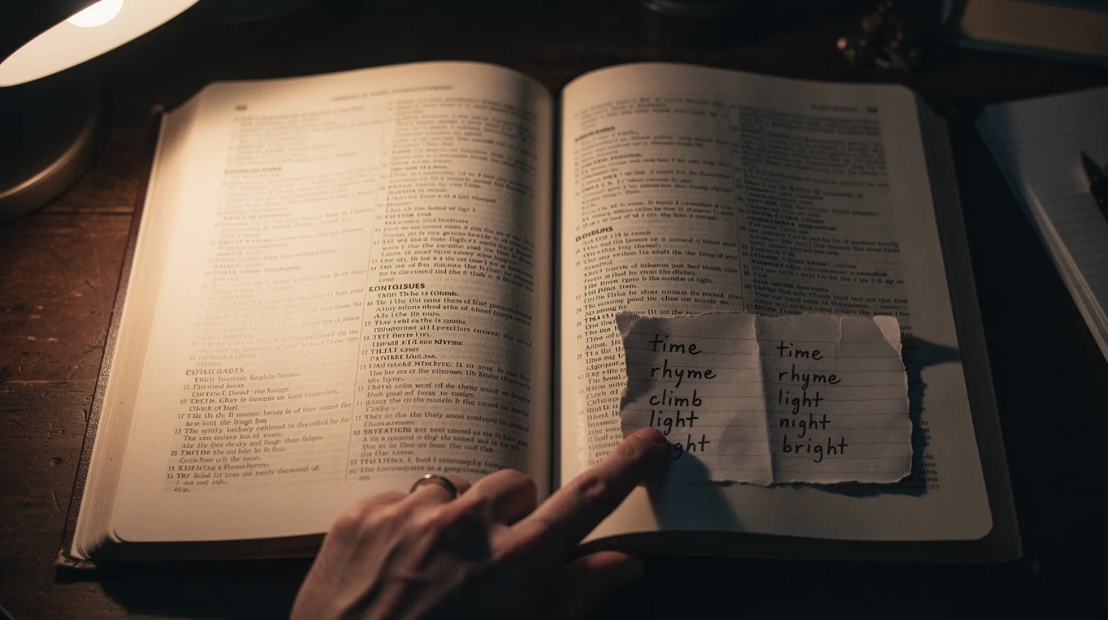 Open hardcover rhyming dictionary on a wooden desk, finger pointing at one entry, a torn slip of notebook paper with handwritten word lists resting on top, warm amber reading lamp glow