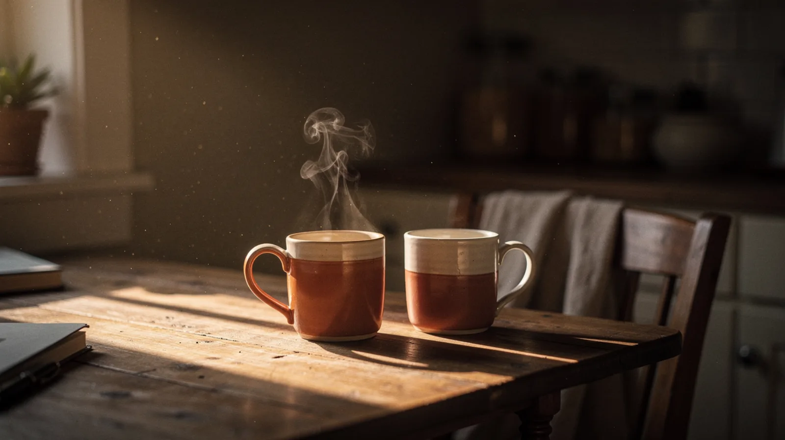 Two ceramic coffee mugs on a wooden table at dawn, one steaming and one cold beside an empty chair, soft amber morning light slanting in through dusty air