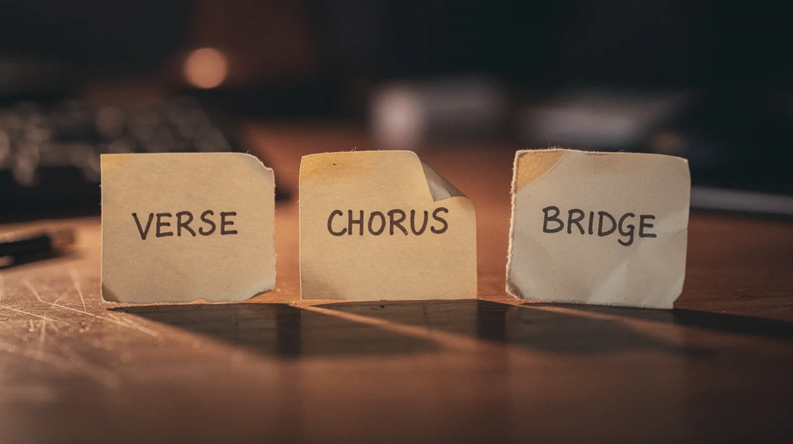 Three handwritten sticky notes on a wooden desk reading VERSE, CHORUS, and BRIDGE, with the CHORUS note slightly raised in warm amber light