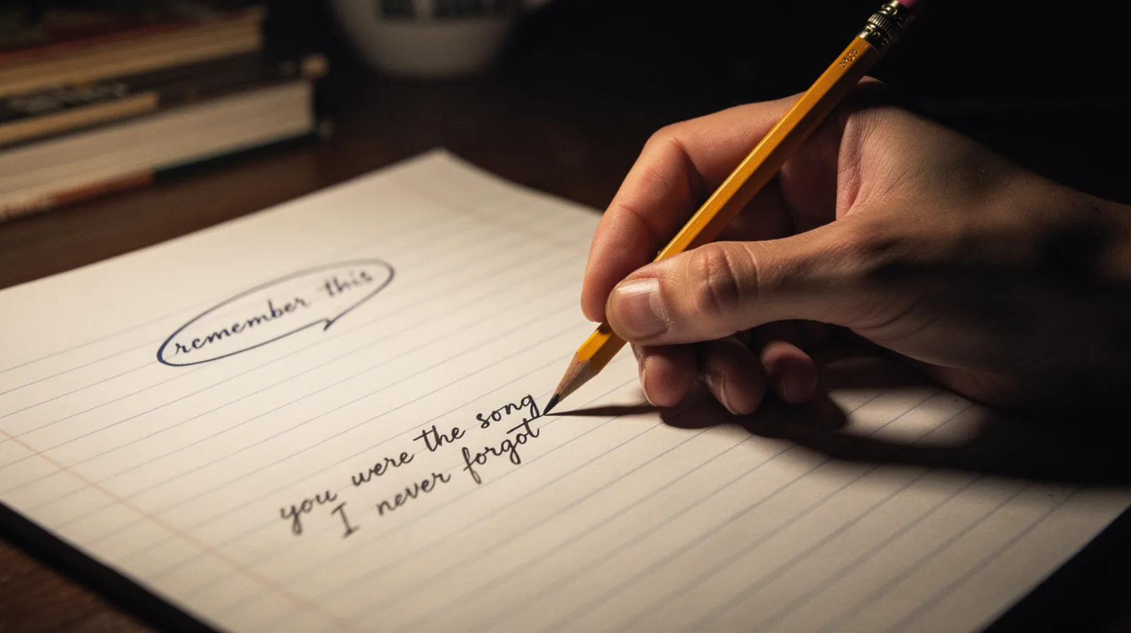 A worn pencil hovering over a notebook page with one phrase circled in ink, warm amber light catching the writing