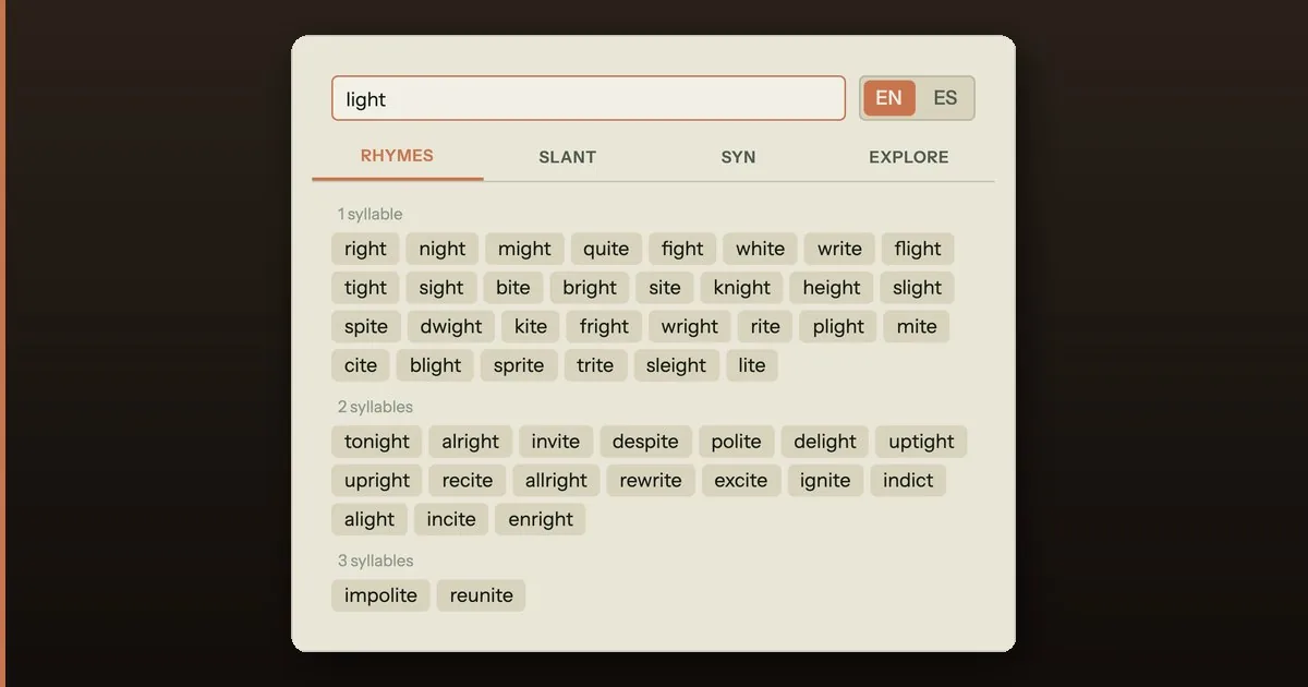 Song Cage Words panel showing rhymes for the word light grouped by syllable count, with Rhymes, Slant, Syn, and Explore tabs beside the lyrics