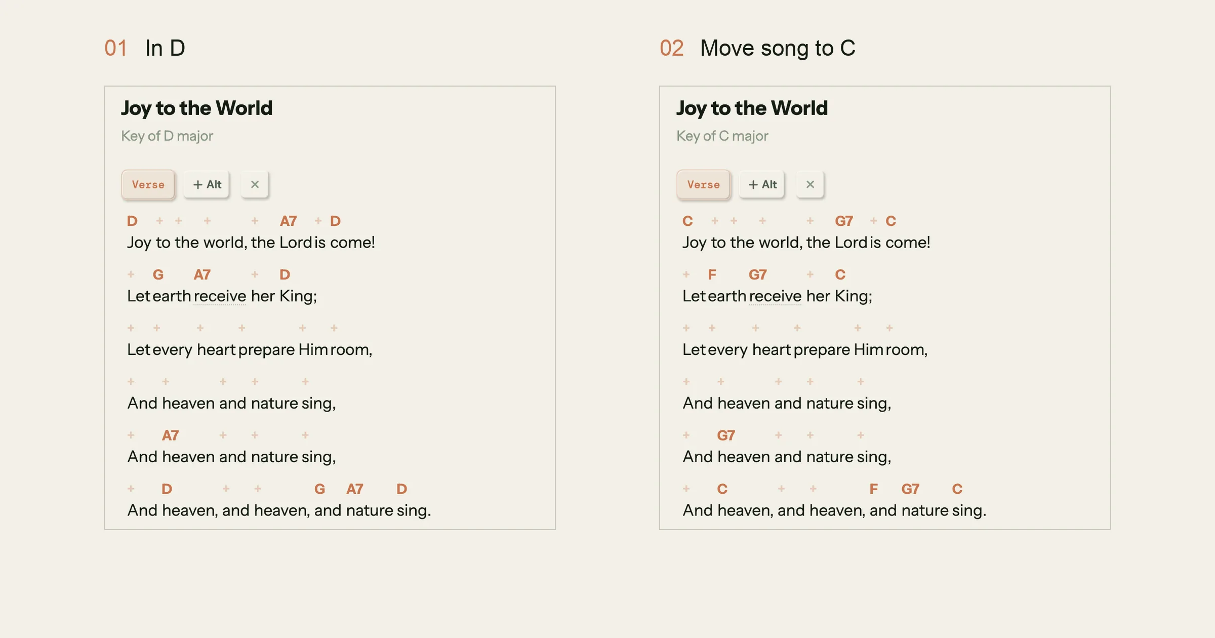 Joy to the World verse 1 in Song Cage's Sheet view with chords over the words in D, and the same verse after Move song to C, where D, G and A7 become C, F and G7