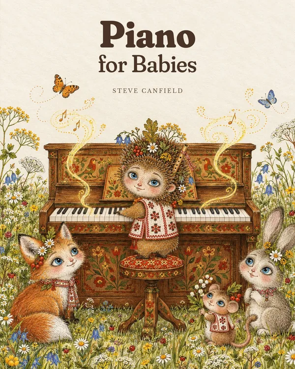 Piano for Babies by Steve Canfield, front cover of the first piano book to read to a baby