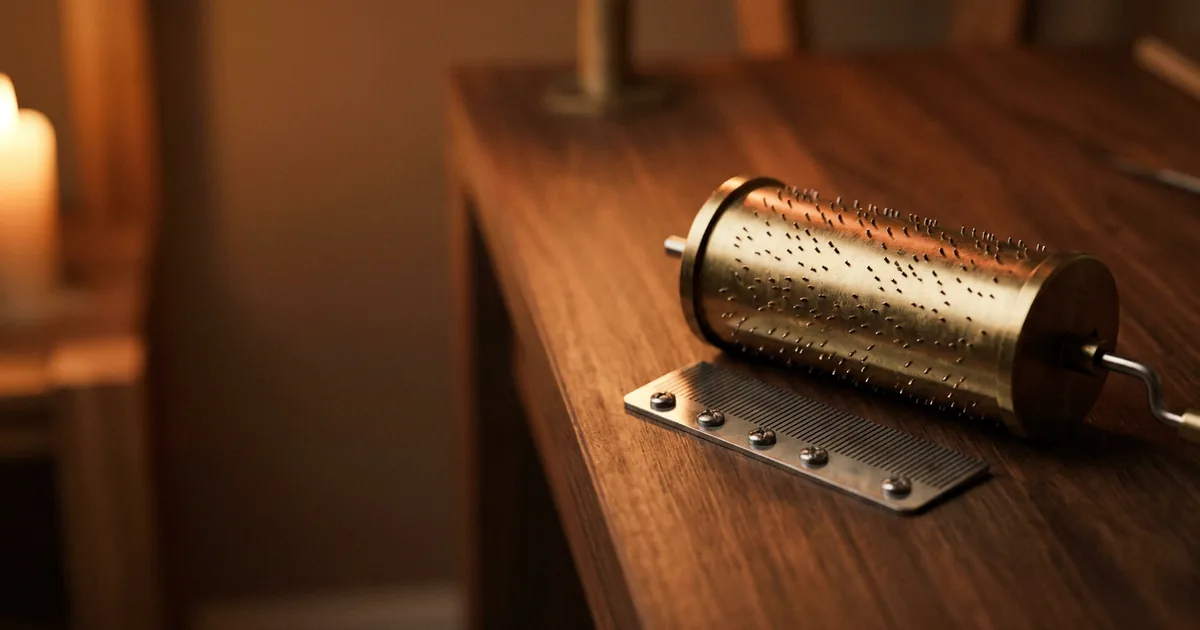 A melodic skeleton made physical: a brass music box cylinder studded with pins beside its steel comb, a tune reduced to its structural notes.