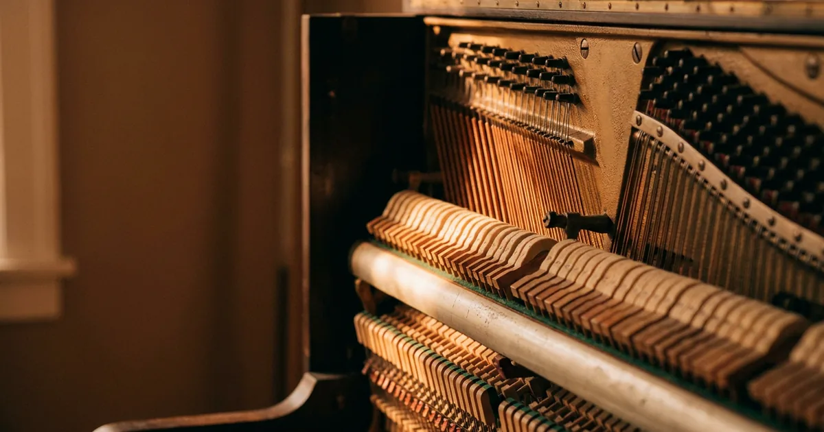 Melodic variation depends on what a listener remembers: the felt hammers and copper-wound strings inside an open upright piano, the mechanism behind every tune.