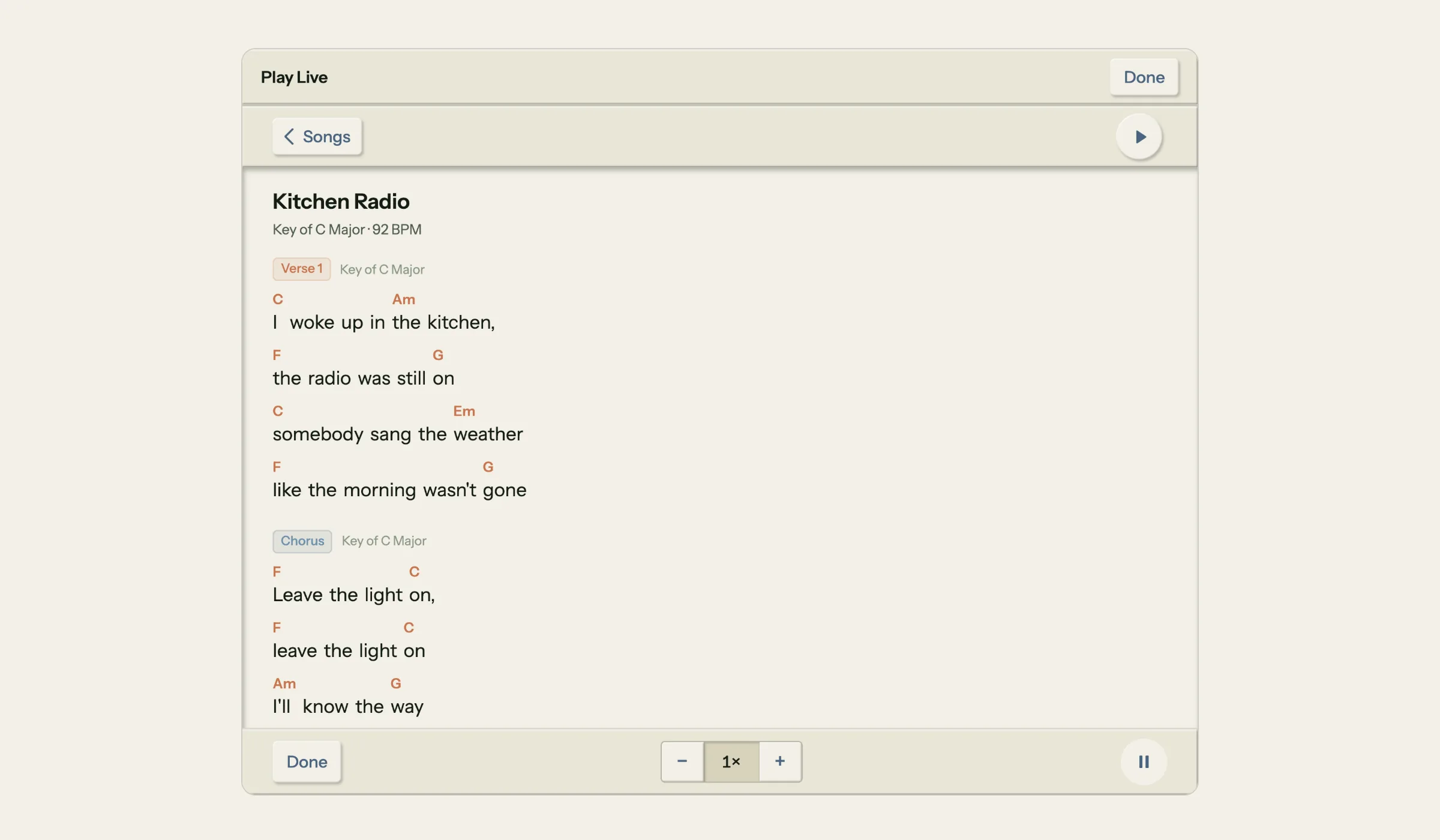 Song Cage Play Live in Autoscroll on the chord sheet for a song called Kitchen Radio, in C major at 92 BPM: verse and chorus lyrics with chords above them, a 1x speed trim and a pause key, used as a teleprompter for your own lyrics