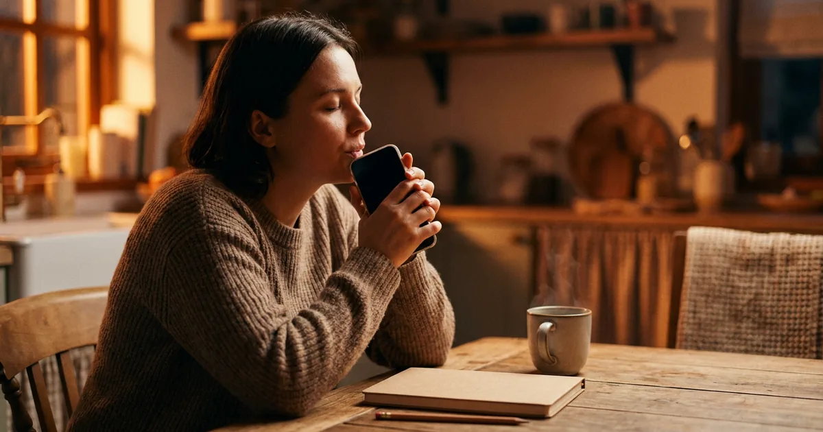Writing music for lyrics without an instrument: a lyricist hums a melody into a phone at a kitchen table, beside a closed notebook, a pencil and a mug of tea