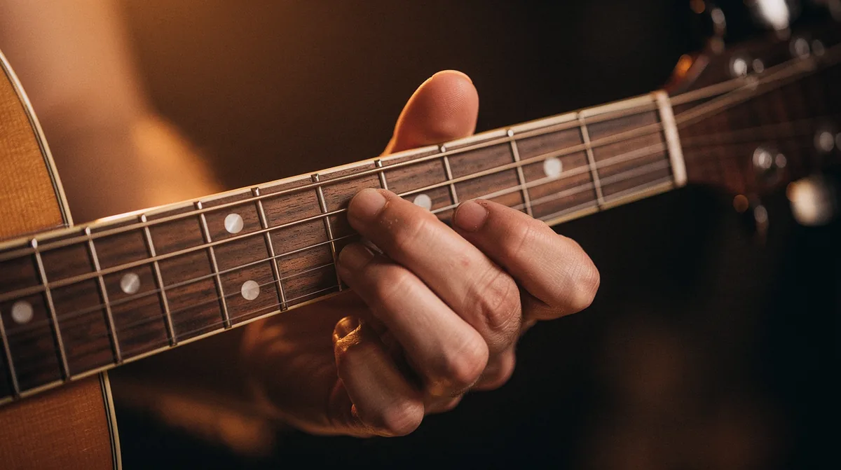 Close-up of fingers forming a barre chord higher up the neck of an acoustic guitar around the seventh fret, the index finger barred across all six strings, fret markers and inlay dots visible on the rosewood fretboard, warm amber side-light from the left catching the steel strings, deep amber-brown bokeh in the background