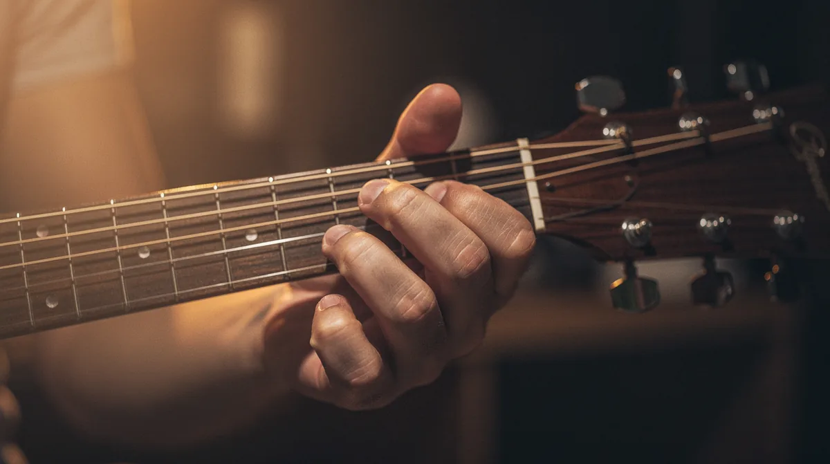 Close-up of a hand forming an open G major chord shape on an acoustic guitar near the nut, fingers pressing the second and third strings while the open strings ring freely, warm amber side-light from the left catching the steel strings and the wood grain of the fretboard, shallow depth of field with the body of the guitar fading into deep bokeh