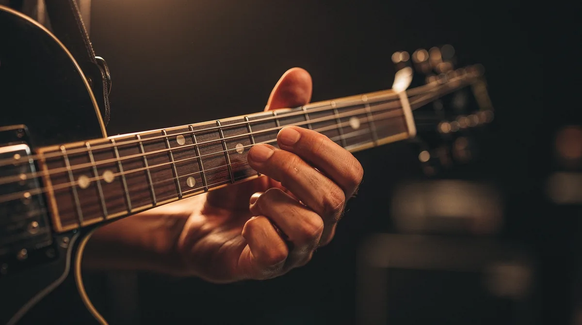 Close-up of two fingers forming a power chord on the low strings of an electric guitar, the index finger pressing the root note and the ring finger pressing two frets higher on the adjacent string, the dark body of the electric guitar and a single humbucker pickup visible in soft bokeh below, warm amber rim-light catching the metal strings against a dark moody background