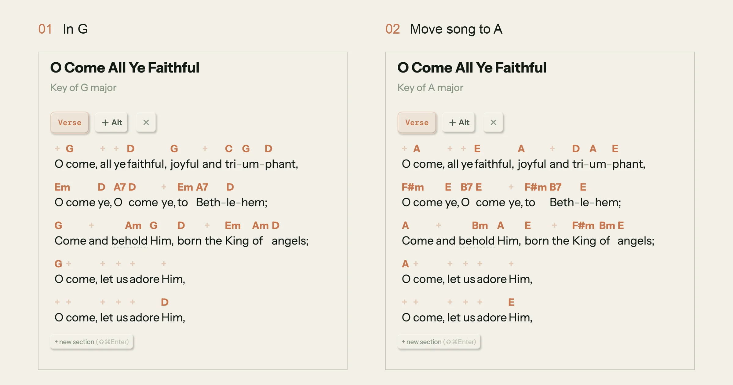 The first five lines of O Come All Ye Faithful in Song Cage's Sheet view with chords over the words in G, and the same lines after Move song to A, where G, D and A7 become A, E and B7