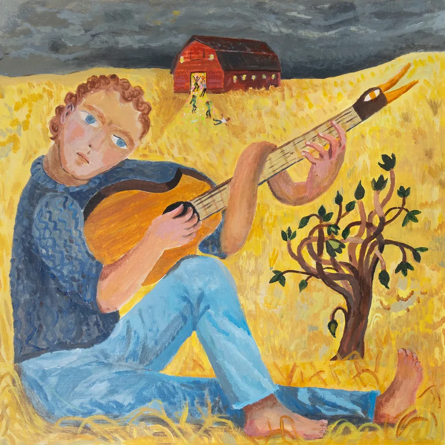 Barnstorm album cover by Sophia Heymans: a painting of a barefoot man playing a guitar with a duck-head headstock in a golden field, a red barn under a storm sky behind him