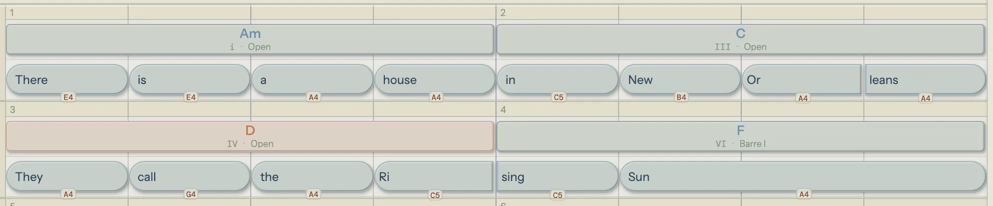 Song Cage timeline with a sung melody written under the lyric: note names E4, E4, A4, A4 under the words There, is, a, house, and C5, B4, A4, A4 under in New Orleans, with the chords Am, C, D and F in the chord lane above