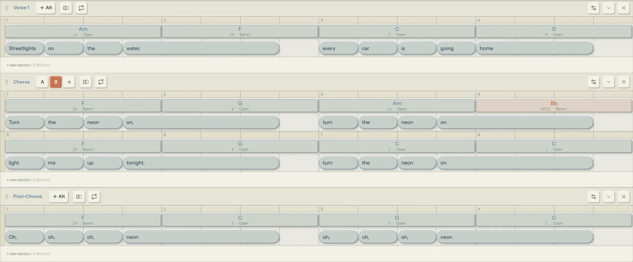 Song Cage timeline with Verse 1 on Am, F, C and G, a Chorus with two alt tabs, A and B, where version B swaps a G for a B♭ under the line turn the neon on, and a Post-Chorus section singing oh, oh, oh, neon over F, C, G and C