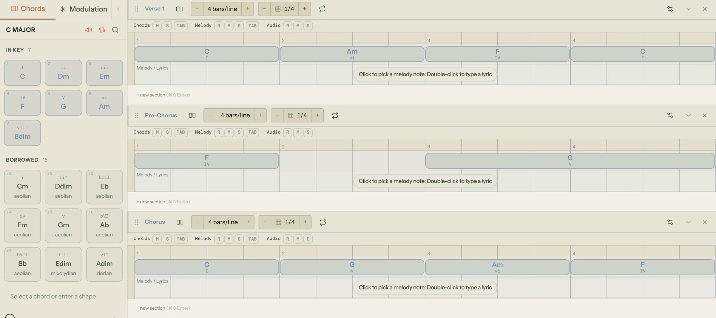 A song laid out as Verse 1, Pre-Chorus and Chorus, each chord labelled with its Roman numeral: the verse ends on I, the pre-chorus moves IV to V, and the chorus starts back on I